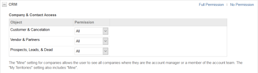 Acceso a organizaciones y contactos (haga clic para ampliar) Configuración de Organización y Contacto en la sección CRM de la página Niveles de seguridad de Autotask.