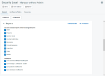 Configuraciones de reportes La sección de configuraciones de reportes de la página de configuraciones de niveles de seguridad en Autotask.